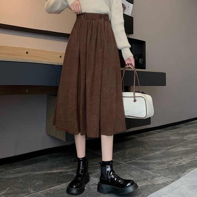 Elastic Waist Plain Pocket Midi A-Line Skirt