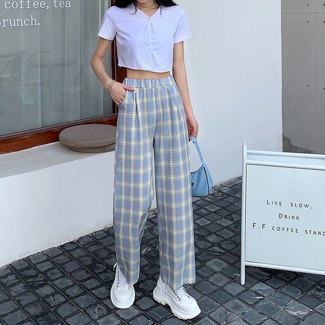 Elastic Waist Plaid Wide Leg Pants