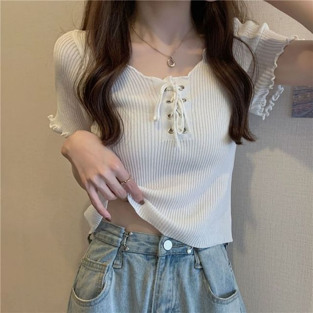 Short-Sleeve V-Neck Plain Lace Up Ribbed Knit Top