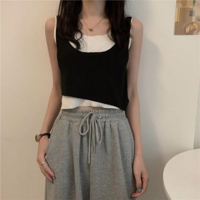 Scoop Neck Mock Two Piece Knit Tank Top