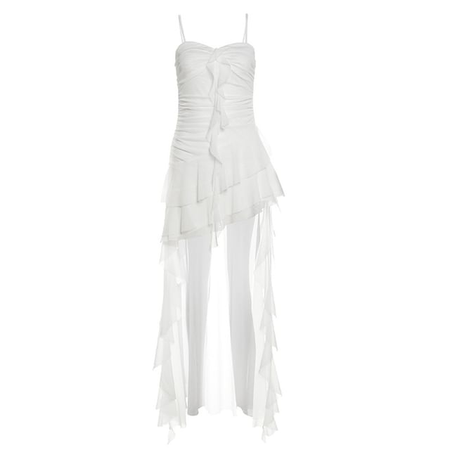 Thin Strap Asymmetrical Ruffle-Trimmed Ruched Open Back High-Low A-Line Dress