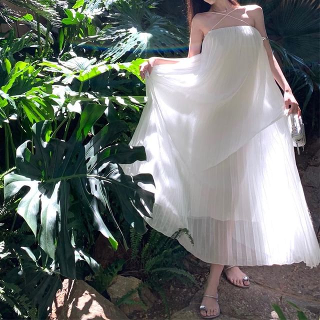 Midi Dress Plain Spaghetti Strap Pleated
