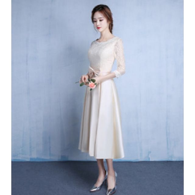 Elbow-Sleeve Lace Panel Bow A-Line Cocktail Dress (Various Designs)