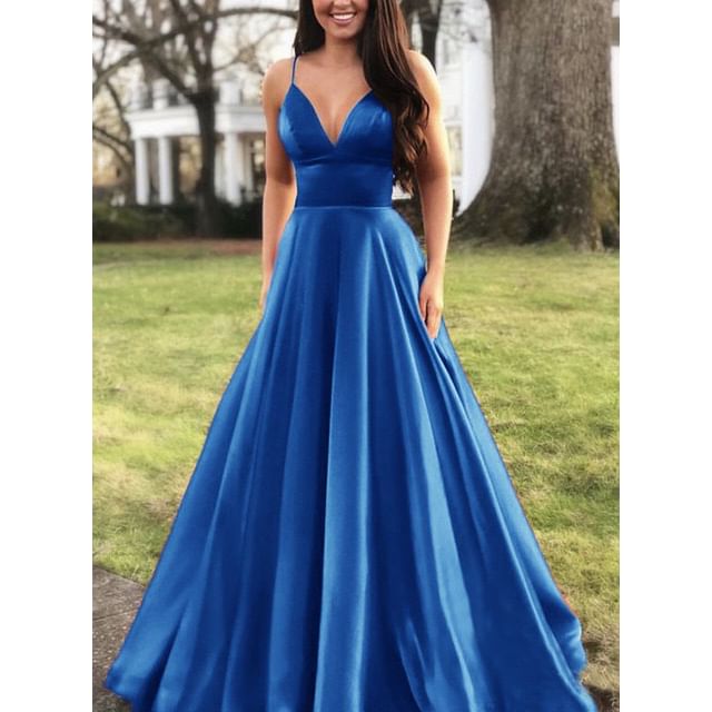 Spaghetti Strap Plain A-Line Evening Gown