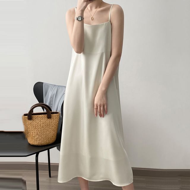 Thin Strap Square Neck Satin Midi Tunic Dress