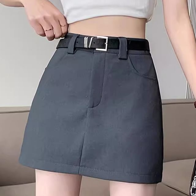 Set: High Waist Plain Mini A-Line Skirt + Belt