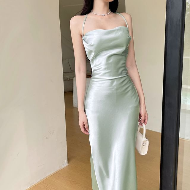 Thin Strap Simple Tie Back Satin Maxi Sheath Dress