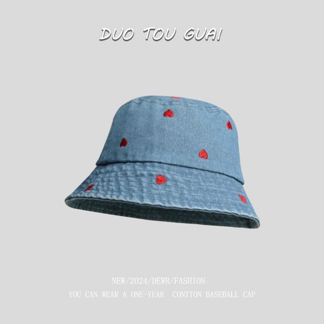 Washed Bucket Embroidered Hat Denim Heart