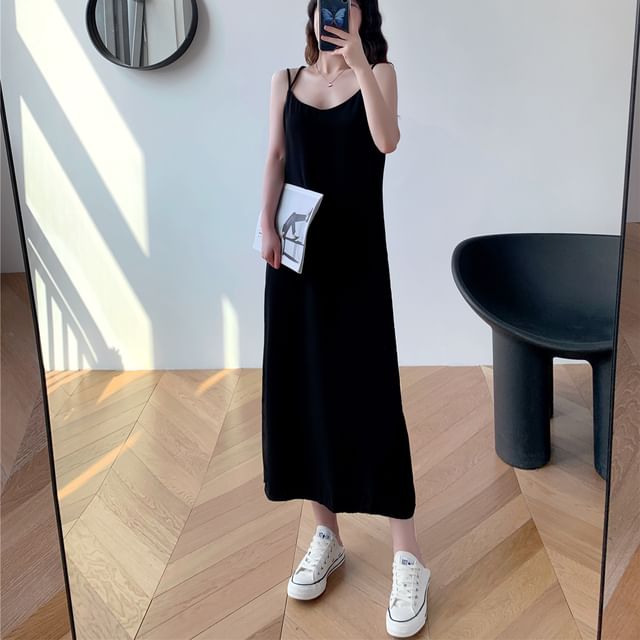 Thin Strap V-Neck Simple Backless Slit Midi Shift Dress