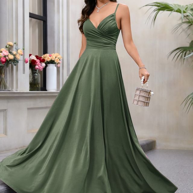 Wrap Strap Evening Shirred A-Line Gown Spaghetti
