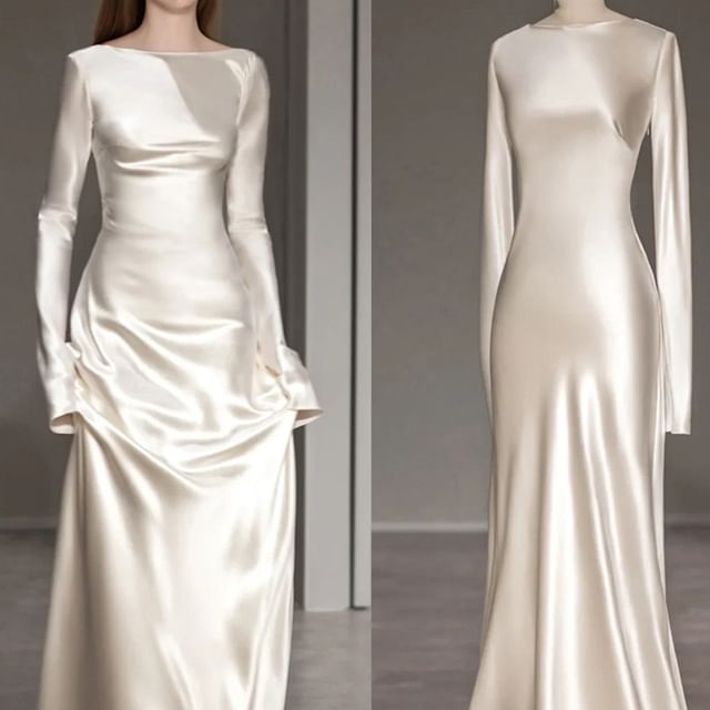 Gown Shoulder Plain Off Sheath Wedding Long-Sleeve