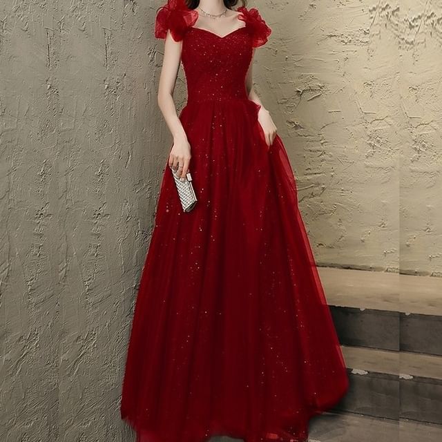 Sleeveless Square Neck Plain Beaded Mesh A-Line Evening Gown