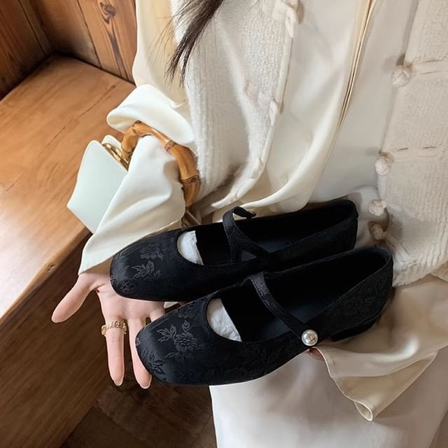 Fabric Mary Jane Flats Pearl Faux