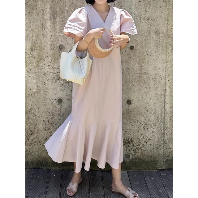 Short-Sleeve V-Neck Plain Midi A-Line Dress