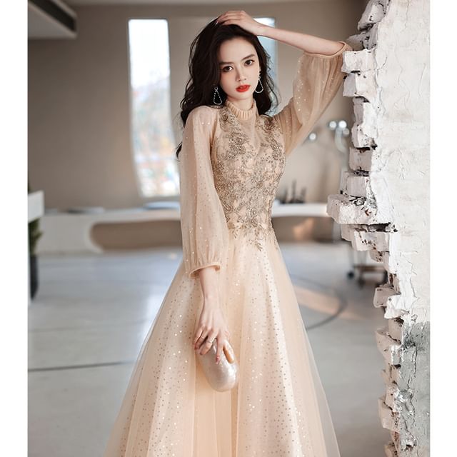 A-Line Long-Sleeve Evening Lace Gown