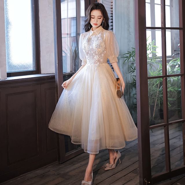 Square-Neck (Various Evening Designs) A-Line Sequined Puff-Sleeve Floral Gown