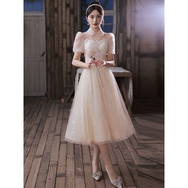 Gown (Various Evening Floral Puff-Sleeve Sequined Designs) Square-Neck A-Line