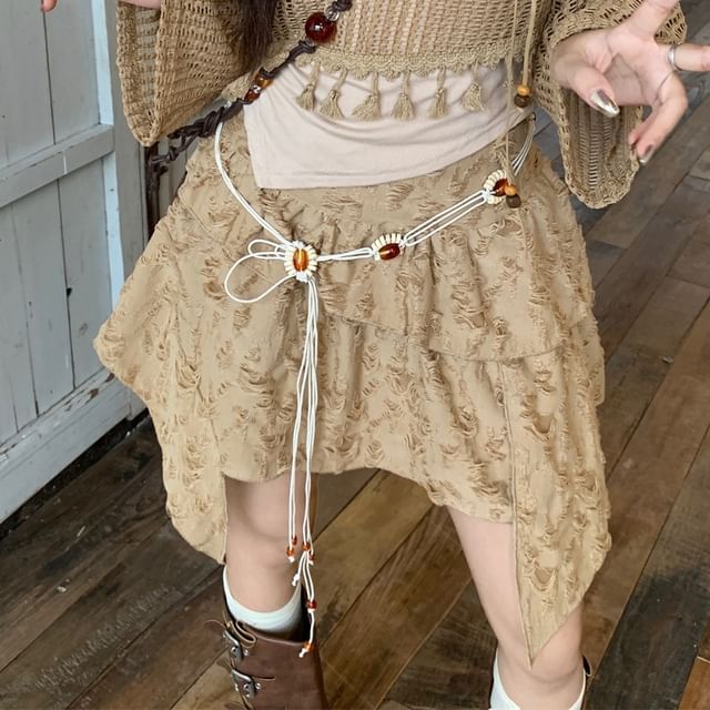 Plain Tassel Detail Cropped Sweater / Cami Top / Mid Rise Distressed Asymmetrical Mini A-Line Skirt / Beaded Waist Chain
