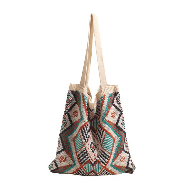Geometric Patterned Knit Tote Bag