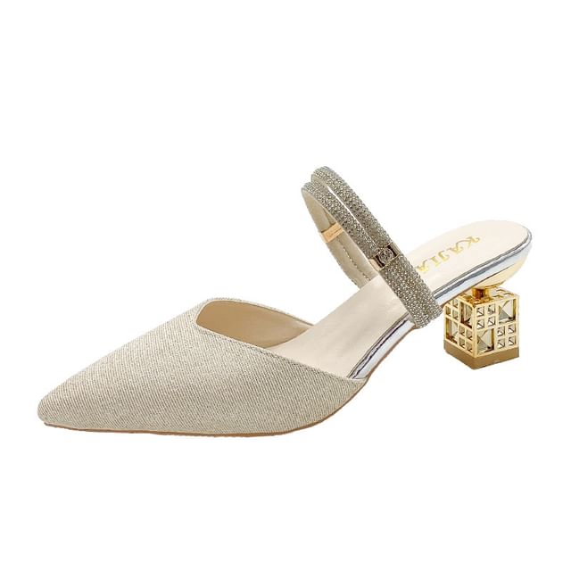 Rhinestone Pointed Mules Heel Block