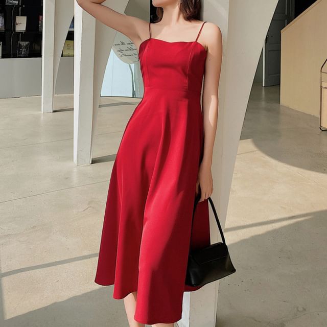 Spaghetti Strap V-Neck Plain Open Back Midi A-Line Dress
