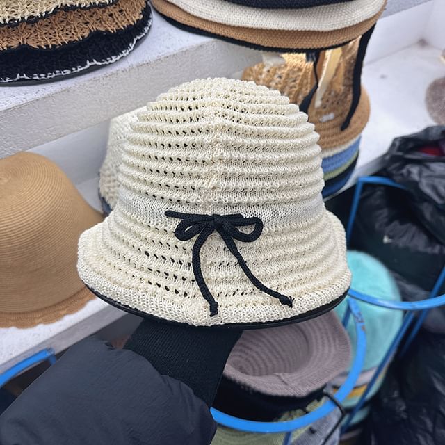 Bow Perforated Knit Bucket Hat