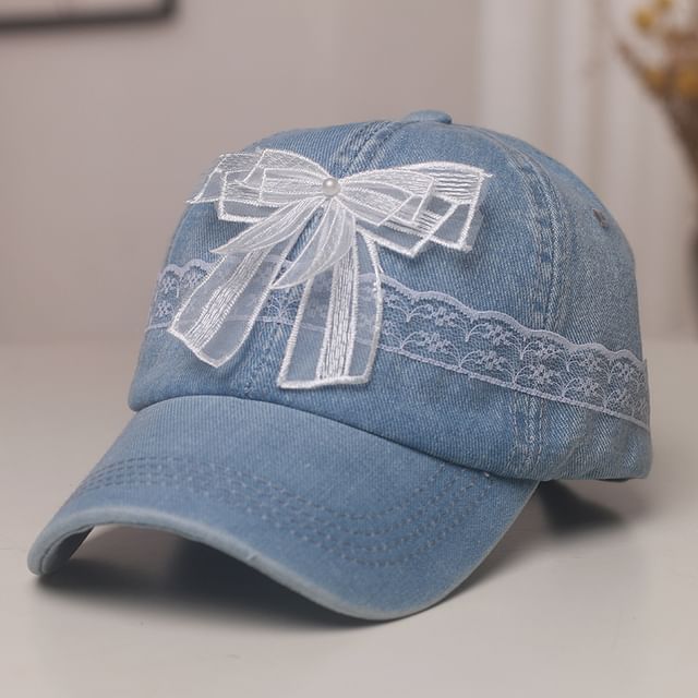 Faux Pearl Bow Lace Trim Denim Baseball Cap