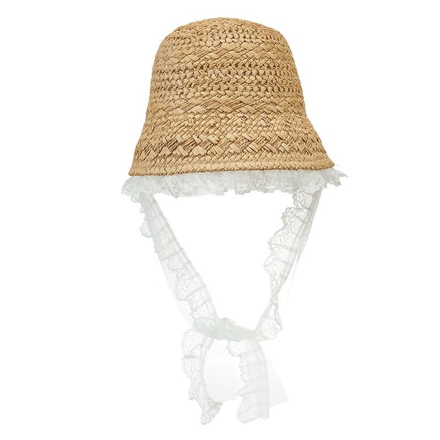 Lace Trim Straw Bucket Hat