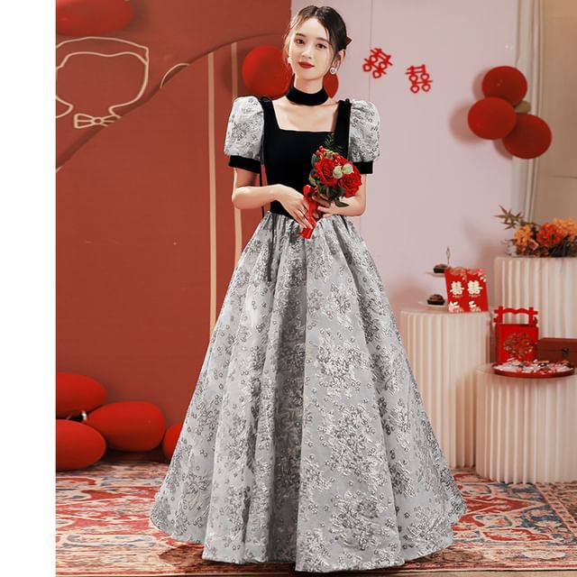 Neck Short-Sleeve A-Line Gown Evening Square Lace