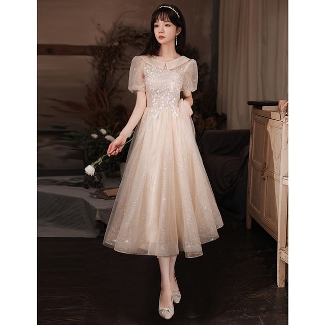 (Various Gown A-Line Glitter Short-Sleeve Designs) Evening Collared