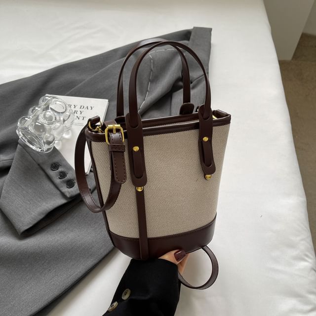 Bucket Leather Faux Tone Canvas Bag Two Panel