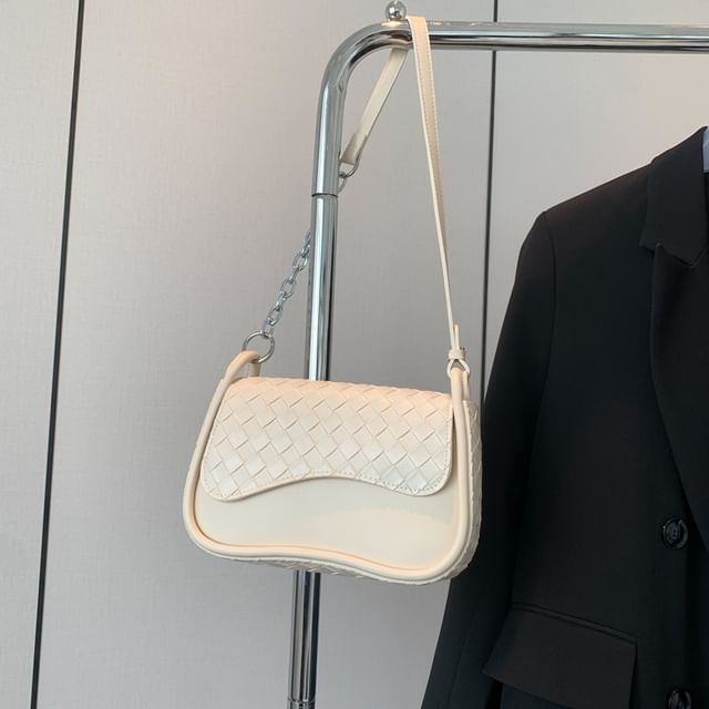 Woven Crossbody Faux Flap Bag Plain Leather