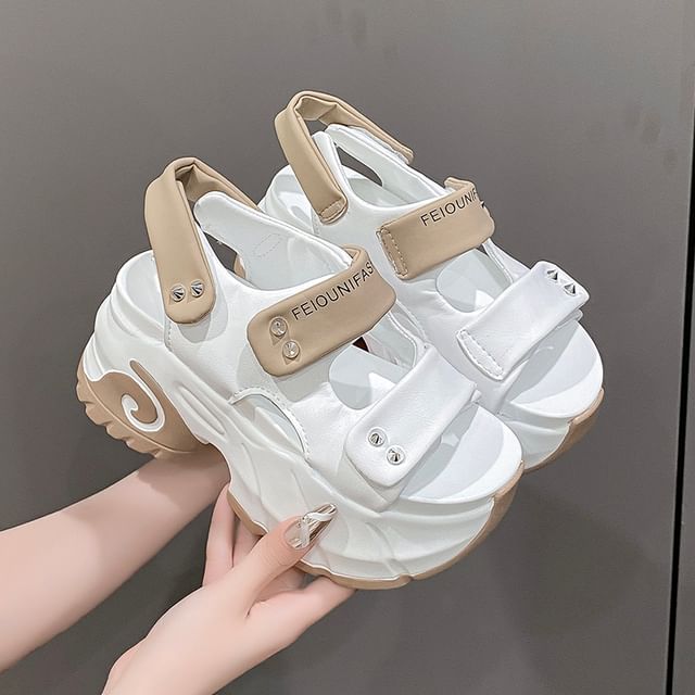 Platform Adhesive Strap Two Tone Studded Slingback Sandals