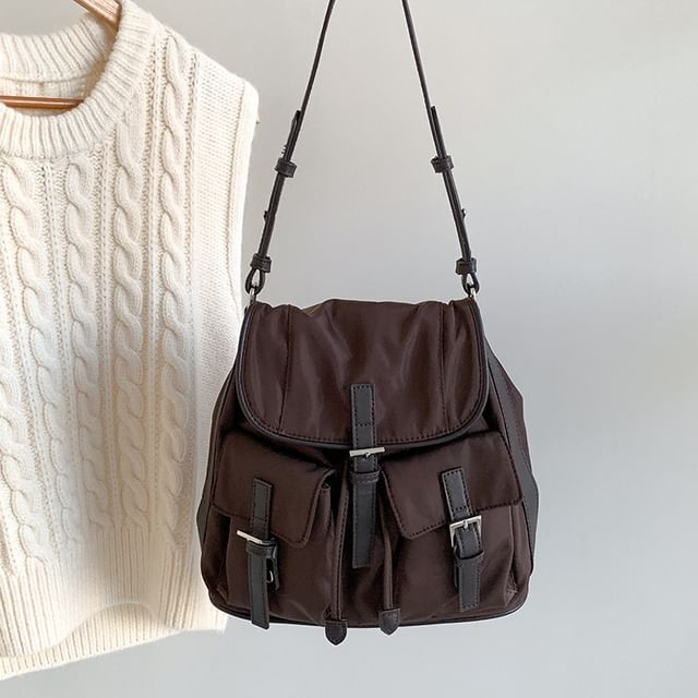Plain Buckled Nylon Flap Tote Bag