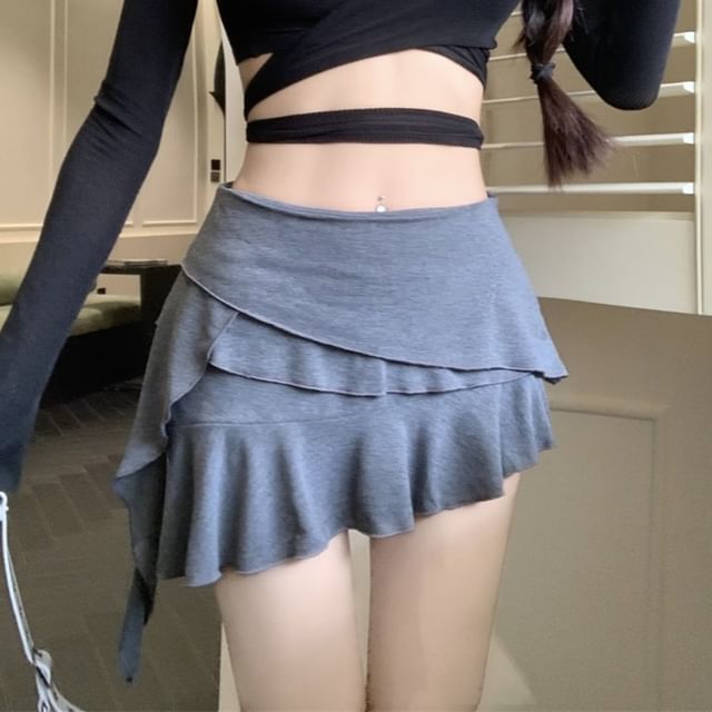 Mid Rise Plain Ruffle Asymmetrical Panel Mini A-Line Skirt