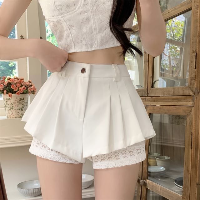 High Waist Plain Pleated Panel Lace Shorts