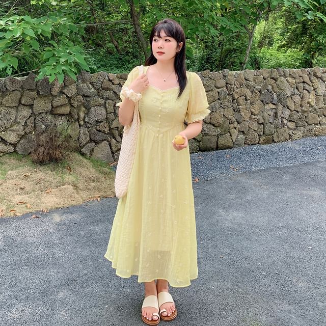 Short-Sleeve Floral Embroidered Midi A-Line Dress