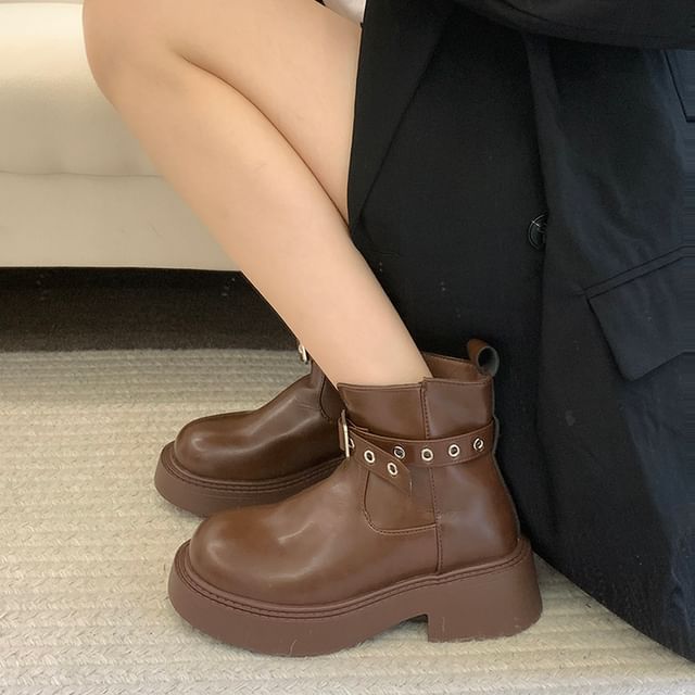 Platform Plain Grommet Buckled Faux Leather Short Boots