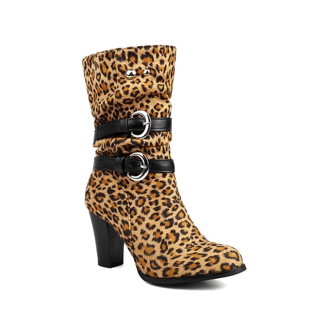Buckled Chunky Heel Mid-Calf Boots