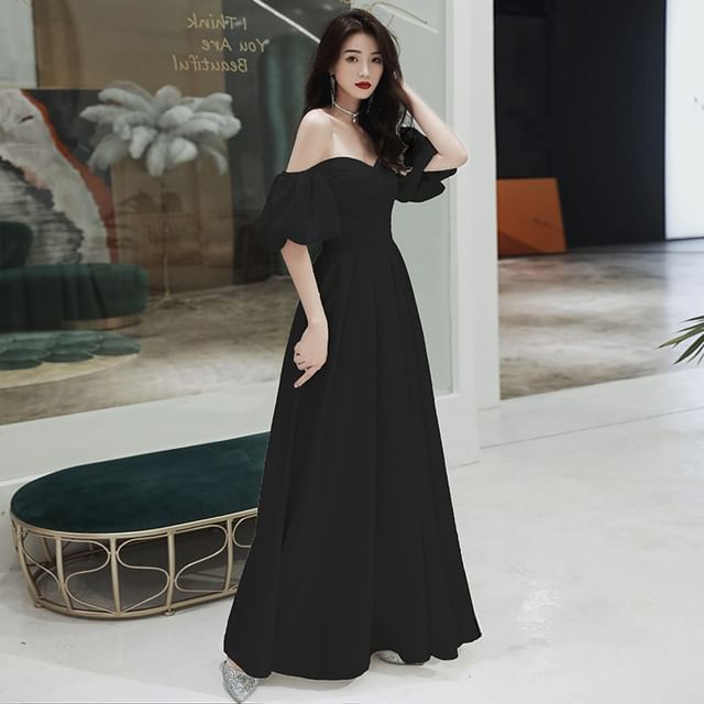 Puff-Sleeve Off-Shoulder Plain A-Line Evening Gown
