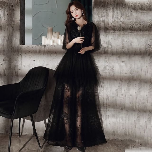 Gown A-Line Evening Embroidered Flared-Sleeve Flower