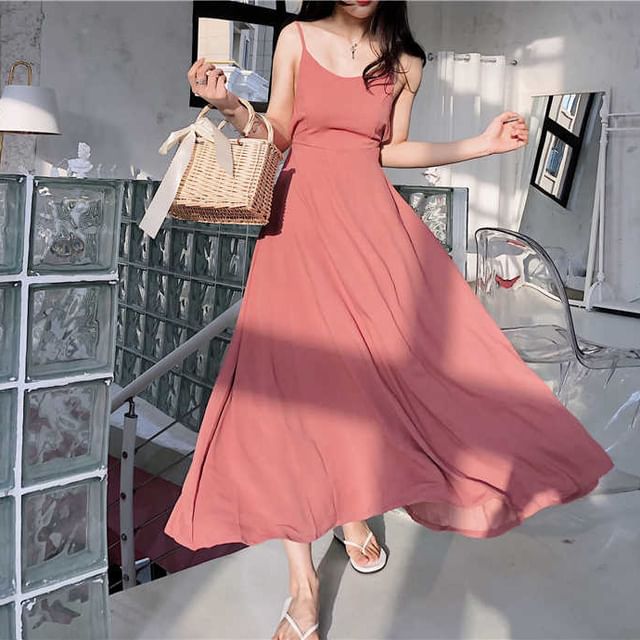 Spaghetti Sundress Strap Plain Back Open Maxi