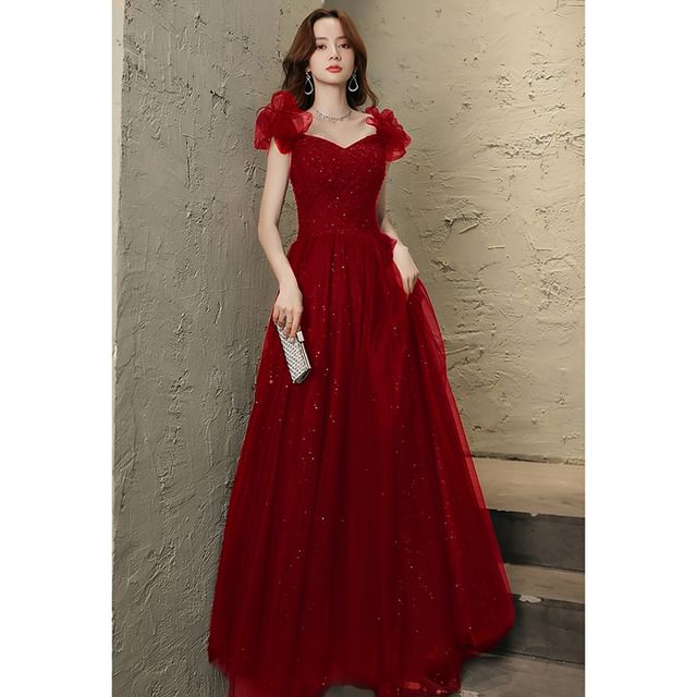 Short-Sleeve A-Line Mesh V-Neck Evening Gown