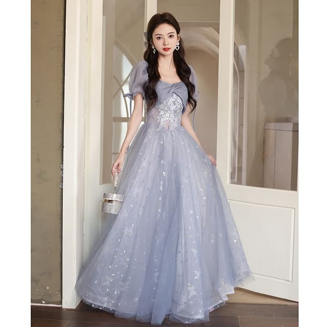 Puff Sleeve Sweetheart Neckline Mesh A-Line Evening Gown