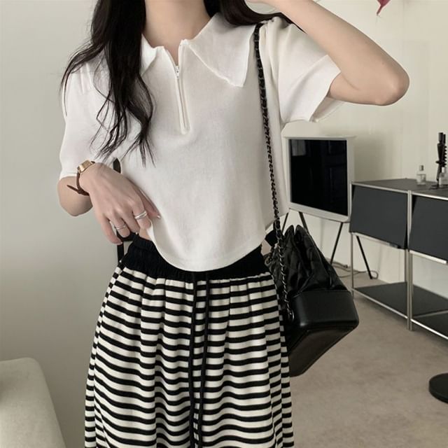 Short-Sleeve Collared Half Zip Knit Top