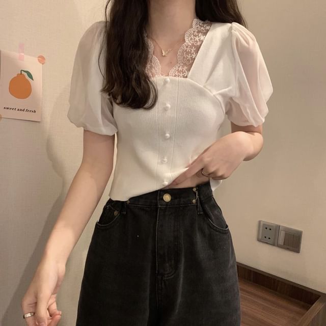 Short-Sleeve V-Neck Embroidered Button Panel Top