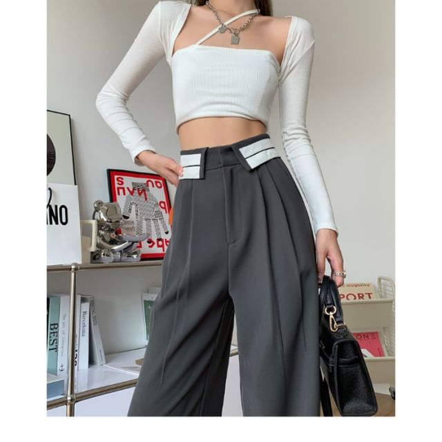 High Waist Striped Pleated Wide Leg Suit Pants