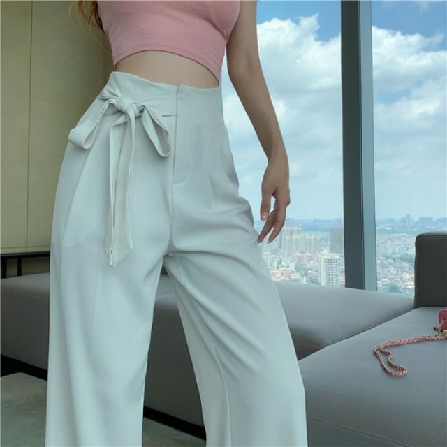 High Waist Plain Tie-Up Wide Leg Dress Pants