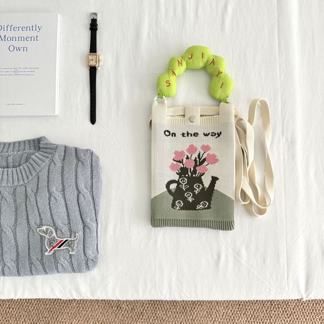 Top Donut Handle Cartoon Print Knit Crossbody Bag