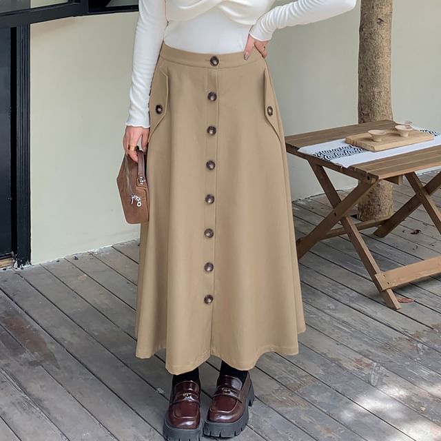 Plus Size High Waist Plain Buttoned Maxi A-Line Skirt